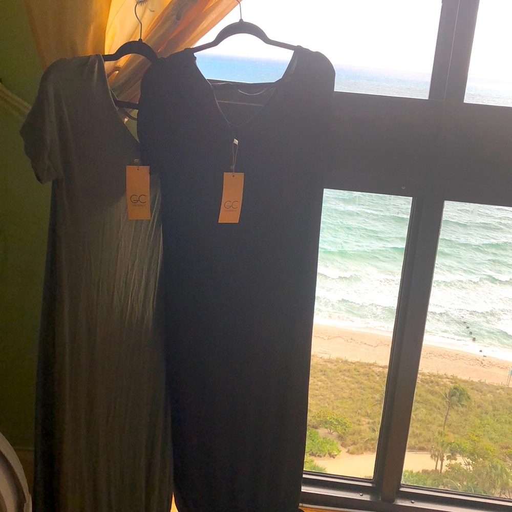 2 long T-shirt dresses 1 olive green 1 black NWT
